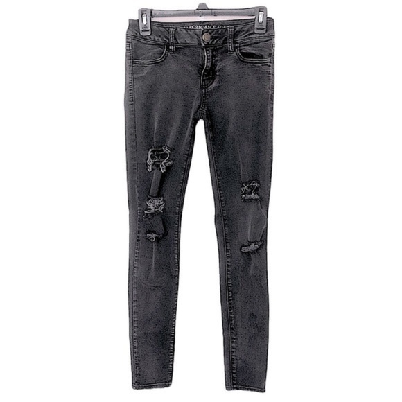 AE American Eagle Black Distressed Ripped Denim Skinny Jean Jeggings Size 0 - Picture 1 of 7